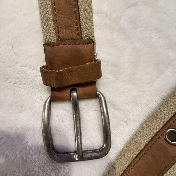 Genuine Leather On 100% Cotton Canvas Belt Men’s Size 40 Brown - Picture 2 of 8